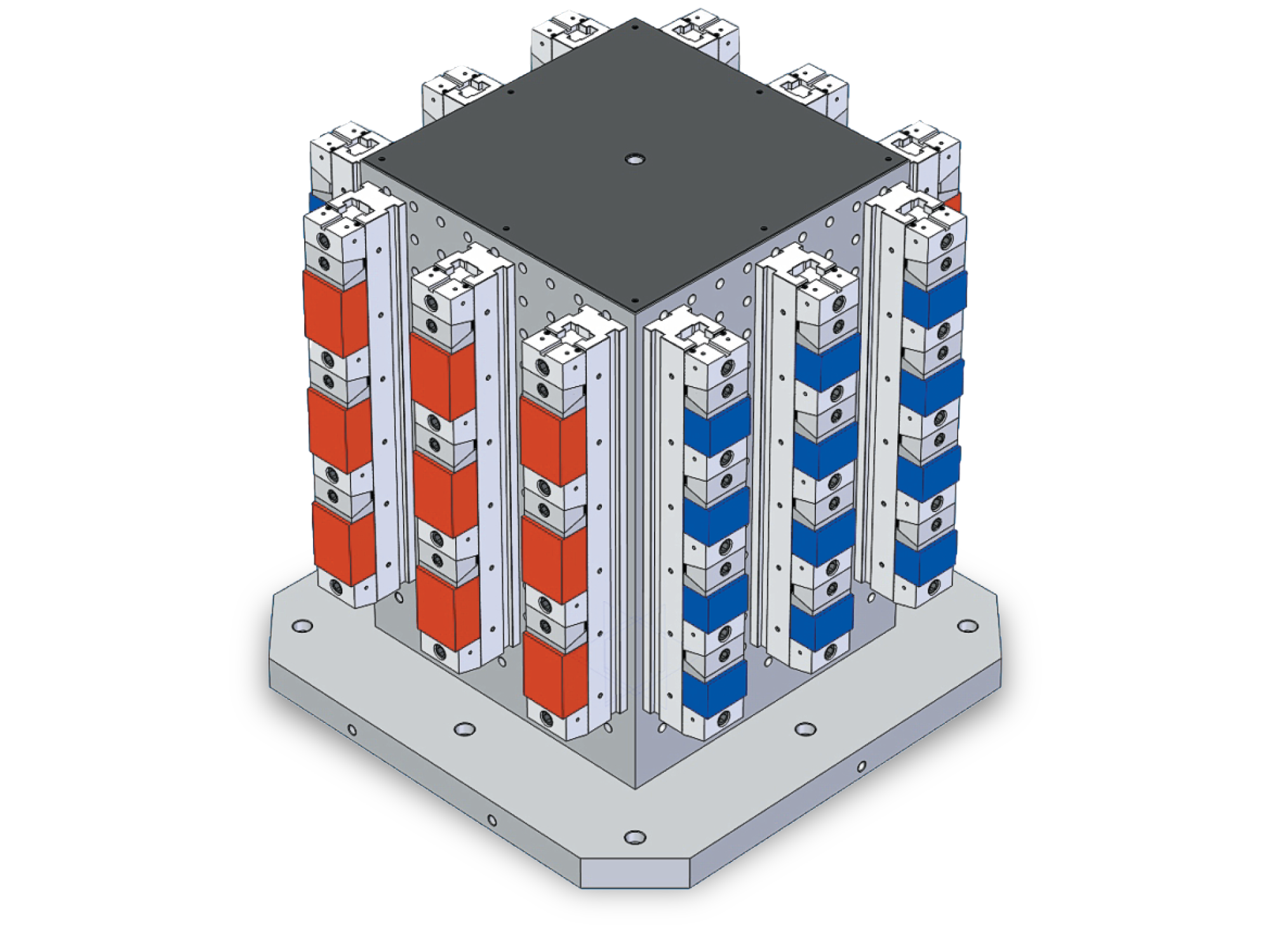 Easily mount vises on our BP08 tombstones. Different operations with multiple parts on each side, ready to go to work on your horizontal machining center.